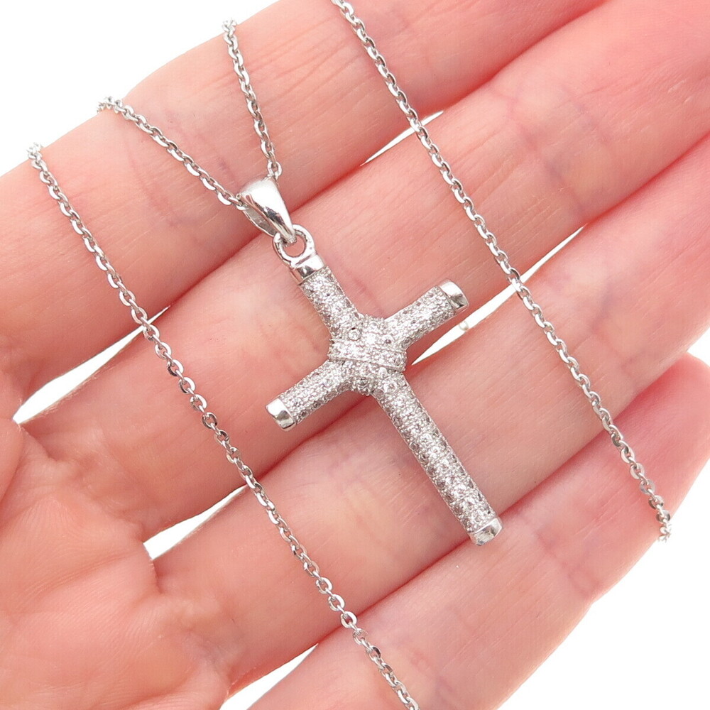 925 Sterling Silver Italy Round-Cut C Z Cross Cable Chain Necklace 16"